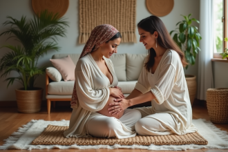 Femme assise avec une sage-femme utilisant un rebozo à la maison