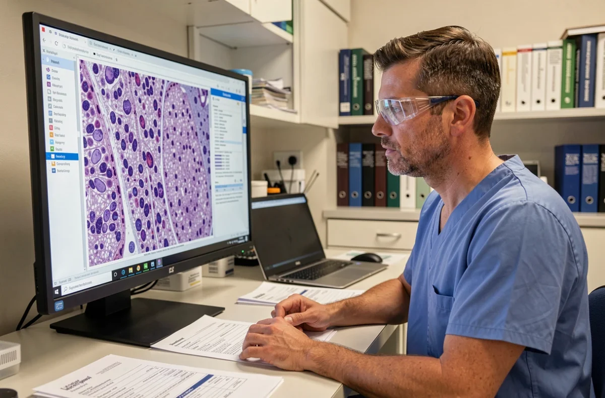Médecin pathologiste analysant des données d'analyse d'urine sur écran avec cellules épithéliales visibles en microscopie numérique