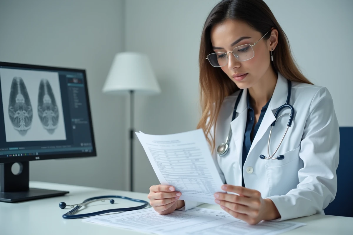 Médecin femme consultant des résultats d'analyse sanguine montrant un taux de ferritine élevé dans un cabinet médical, thème de la santé et de la consommation d'alcool