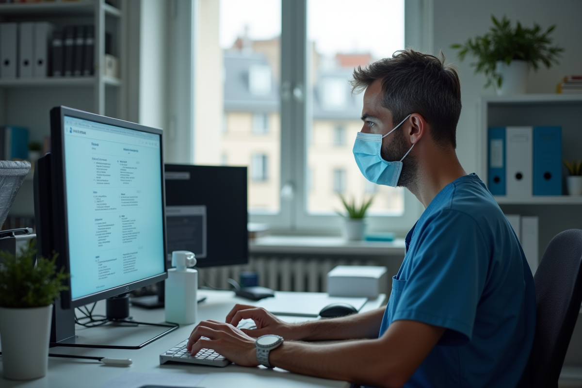 Médecin en blouse dans un bureau moderne saisissant des données COVID