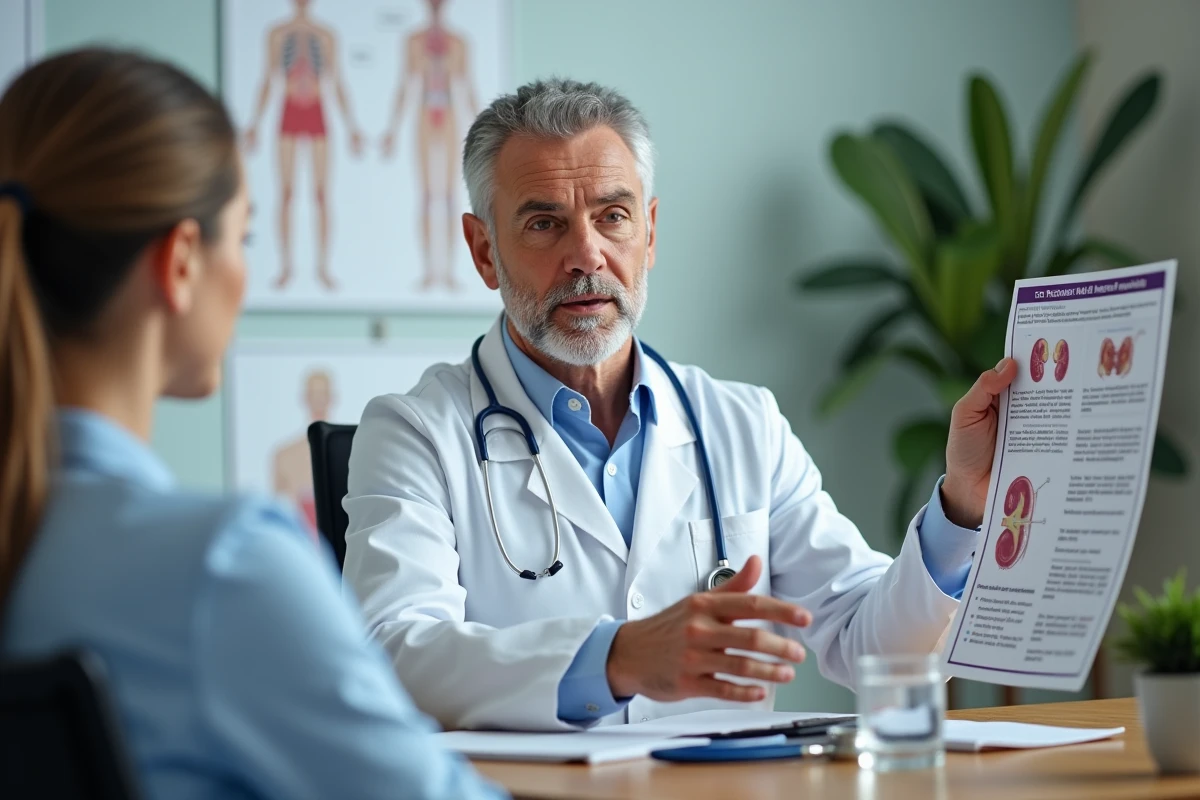 Médecin expliquant les recommandations d'hydratation et la meilleure eau pour la santé rénale lors d'une consultation