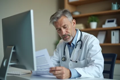 Médecin consultant un dossier médical sur le système INDIVA, assis dans un cabinet clinique moderne
