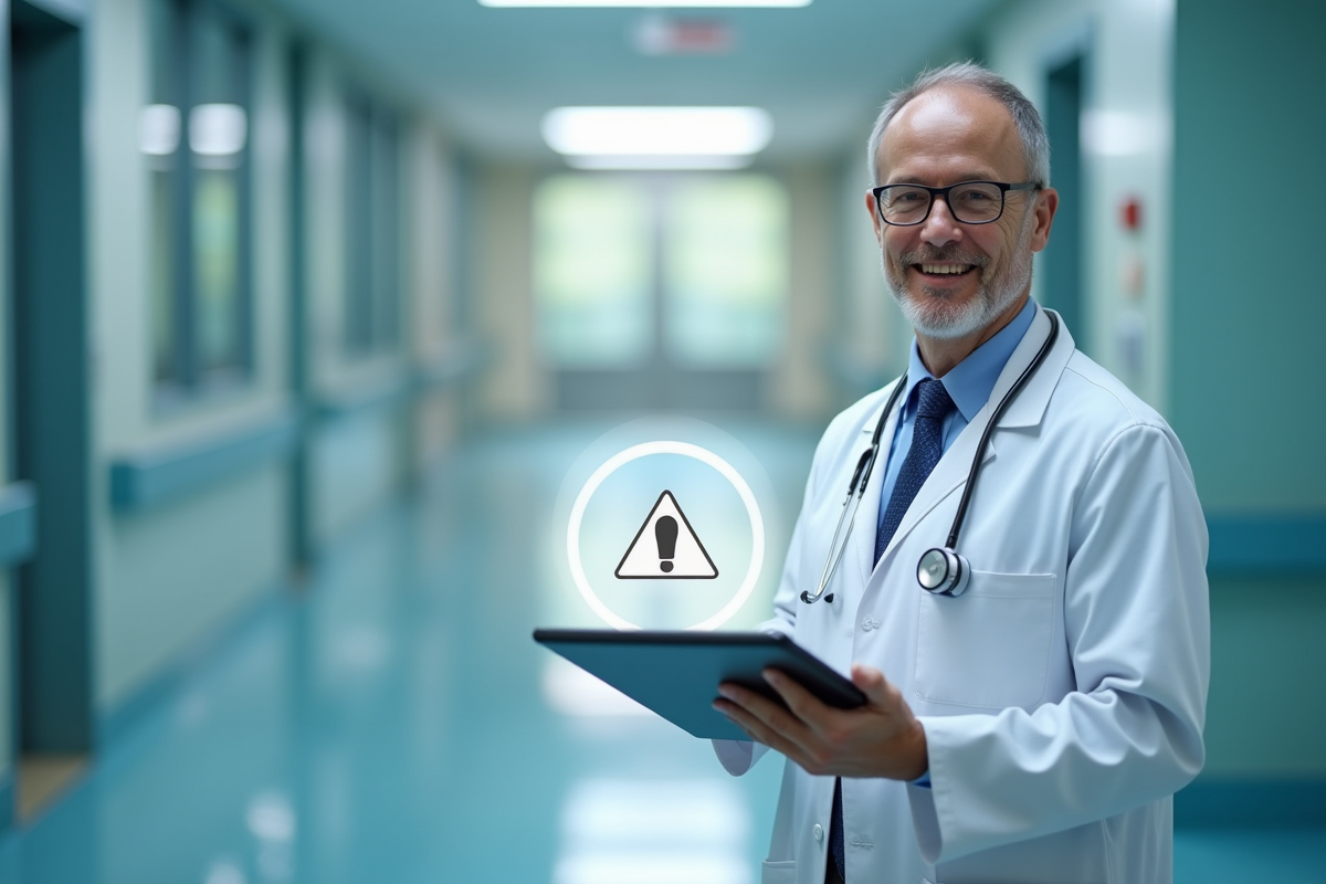 Medecin en hôpital avec tablette et symbole d'alerte