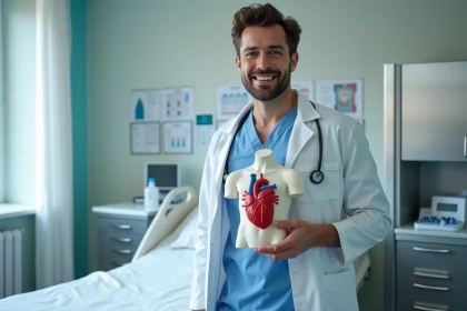 Jeune medecin tenant un modele anatomique du corps humain