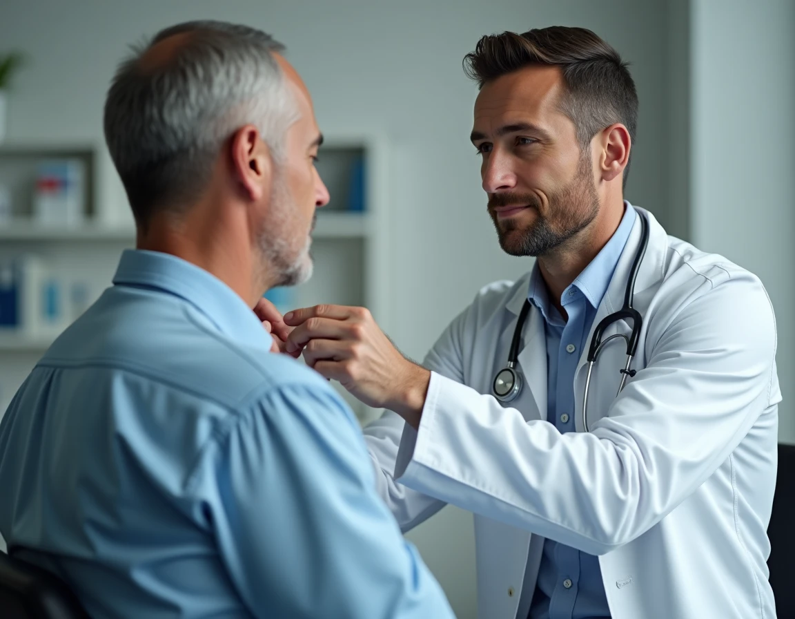 M&eacute;decin palpant un ganglion cervical gauche lors d'une consultation m&eacute;dicale