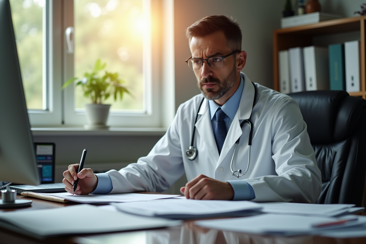 Médecin sérieux au bureau avec documents et lumière naturelle