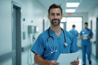 Médecin urgentiste en blouse bleue tenant un dossier médical dans un couloir d'hôpital moderne