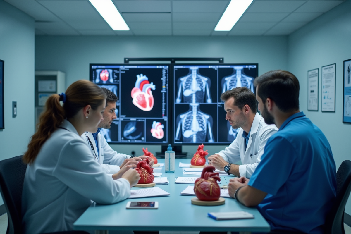 Medecins en hôpital analysant des scans de coeur et dossiers