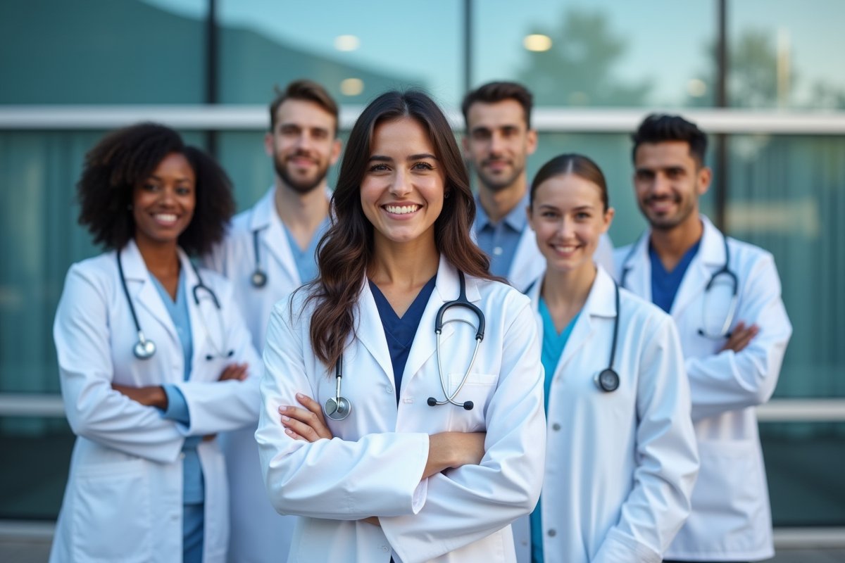 Professionnels de santé divers devant un centre médical en plein jour