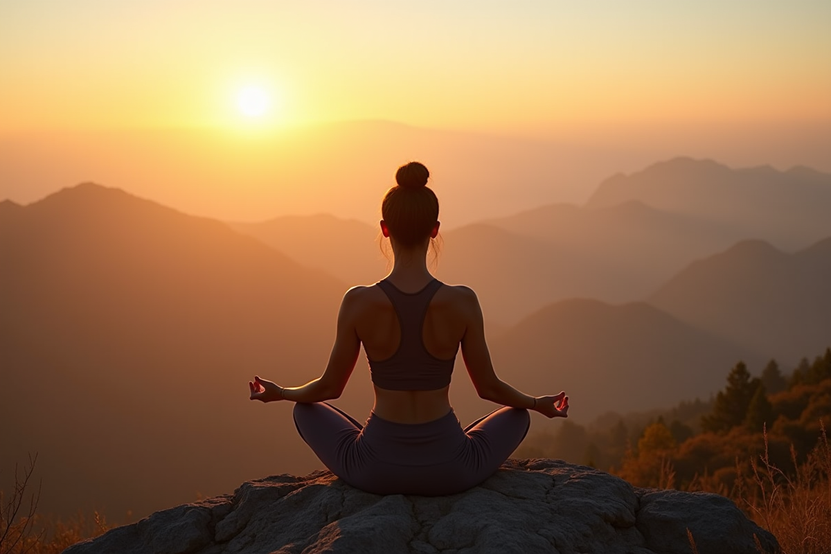 Personne méditant au lever du soleil en montagne