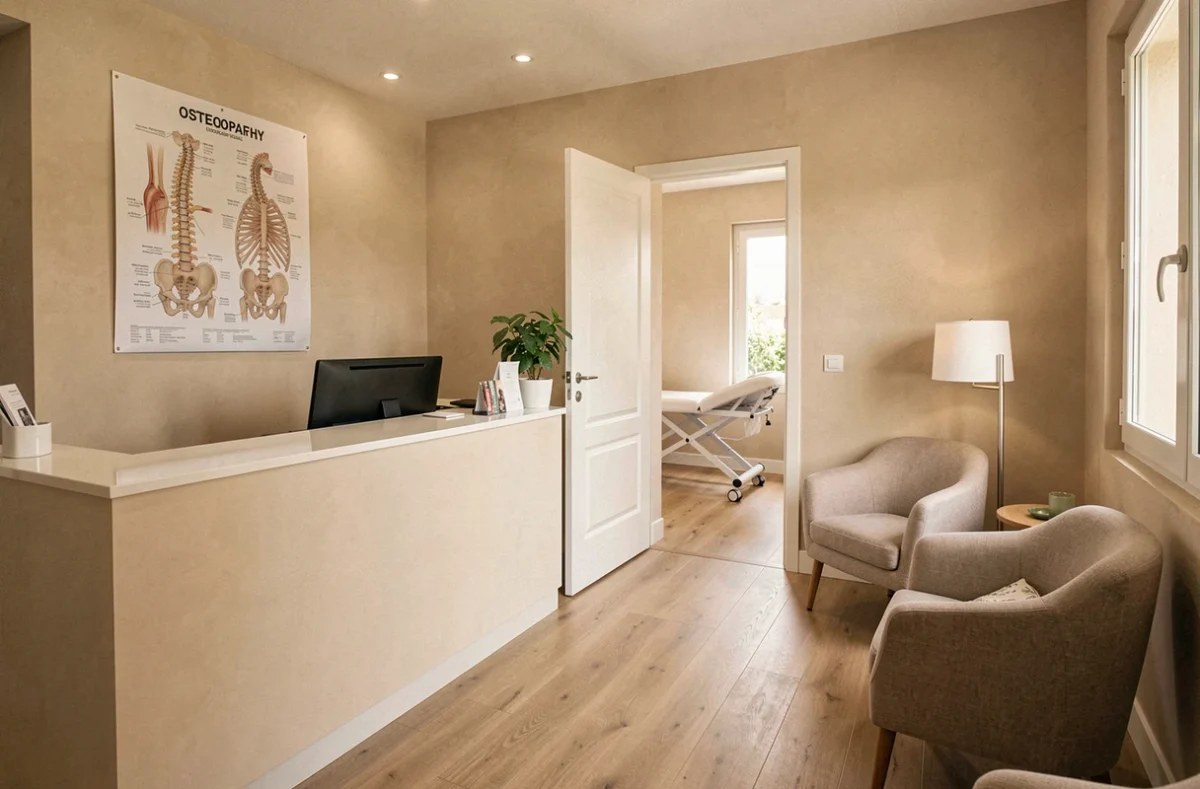 Cabinet d'ostéopathie moderne dans l'Aude avec table de traitement et décor professionnel