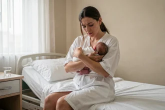 Jeune mère assise sur un lit d'hôpital après l'accouchement, tenant ses bras contre sa poitrine, illustrant la montée de lait sans allaitement