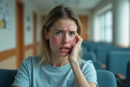 Femme avec œdème de Quincke aux lèvres en salle d'attente des urgences hospitalières