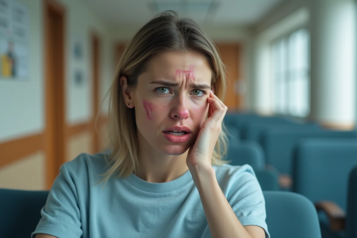 Femme avec œdème de Quincke aux lèvres en salle d'attente des urgences hospitalières