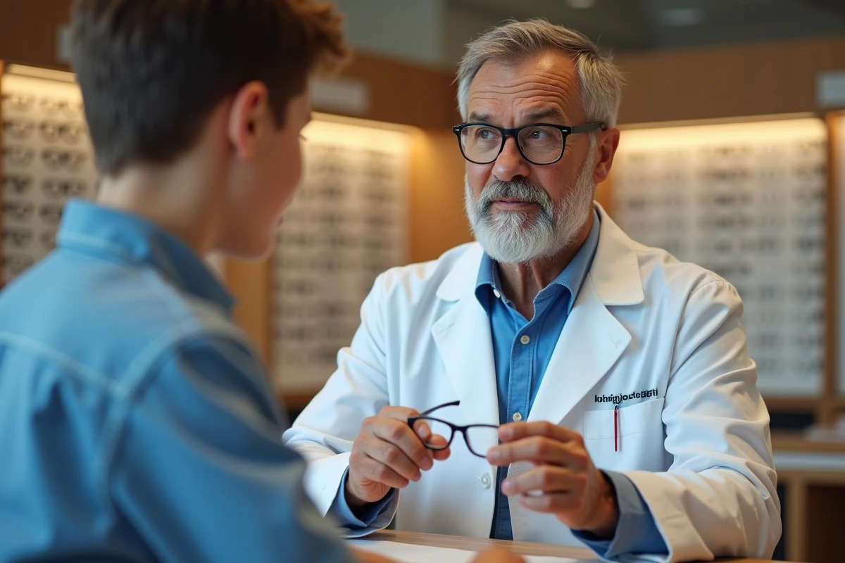 Opticien montre des montures à un adolescent dans une boutique