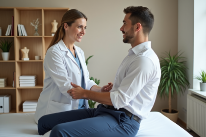 Osteopathe femme &eacute;valuant la posture d'un jeune homme