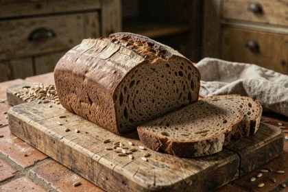Pain de seigle artisanal tranché sur une planche en bois rustique avec des grains de seigle épars, illustrant les fibres naturelles bénéfiques pour l'immunité