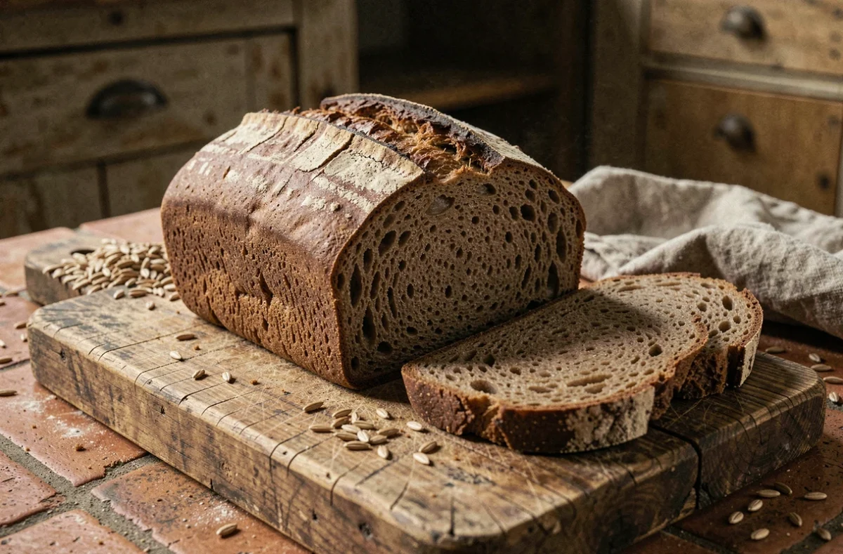 Pain de seigle artisanal tranché sur une planche en bois rustique avec des grains de seigle épars, illustrant les fibres naturelles bénéfiques pour l'immunité