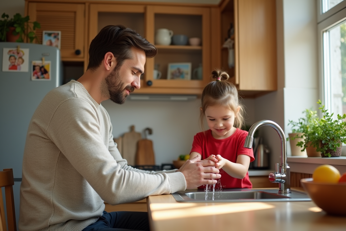 Père regardant sa fille se laver les mains dans la cuisine ensoleillée