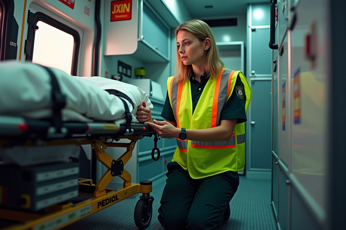 Paramédicale en uniforme haute visibilité examinant un équipement médical à l'intérieur d'une ambulance