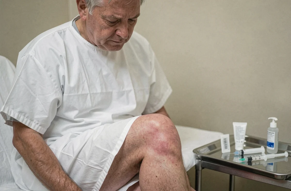 Patient avec genou enflé par épanchement articulaire en salle de consultation orthopédique