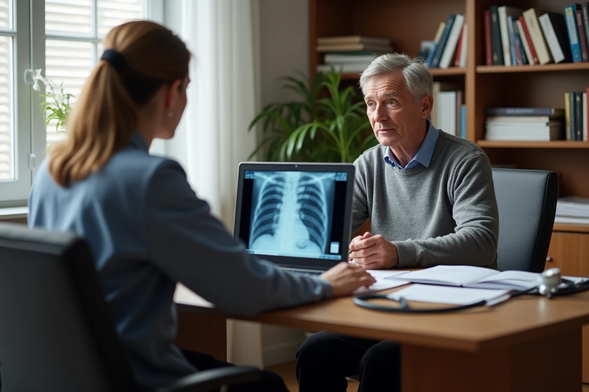 Patient discutant d'une ordonnance de radiologie avec son médecin généraliste dans un cabinet médical