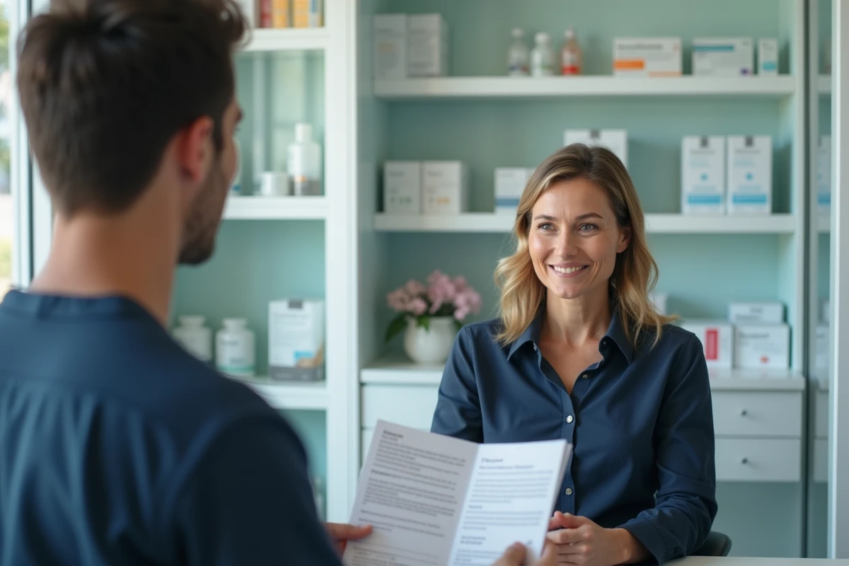 Patiente lisant une notice médicale sur un complément alimentaire lors d'une consultation en pharmacie