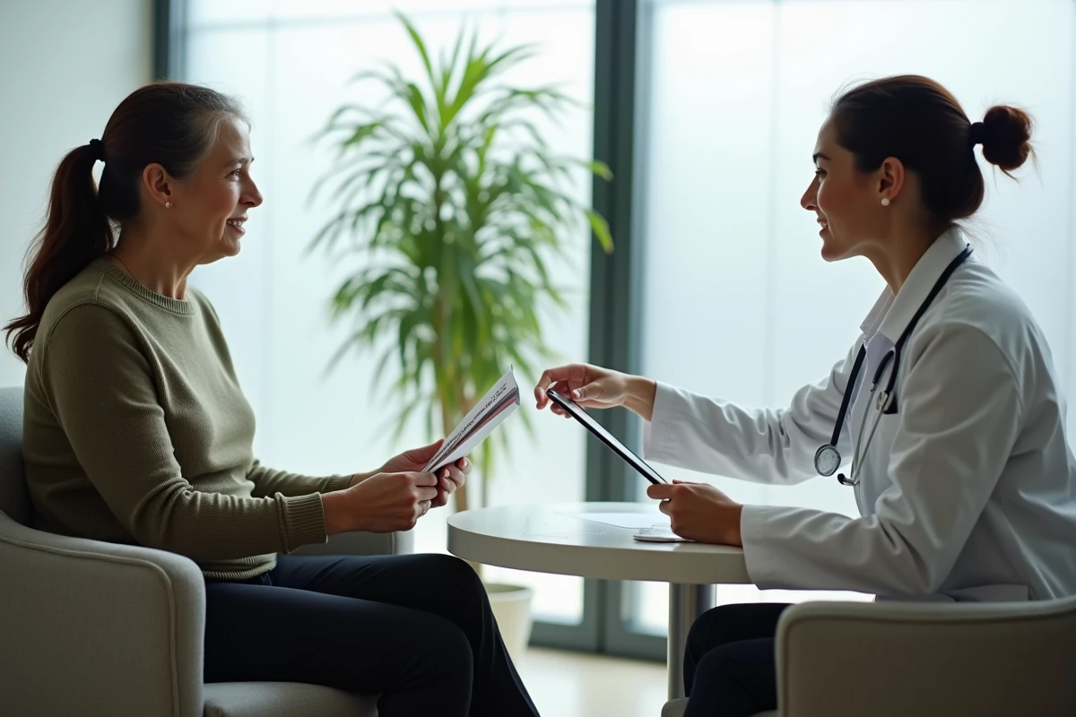 Patiente cardiaque en consultation de suivi médicale discutant avec sa cardiologue des risques de resténose après la pose d'un stent coronaire