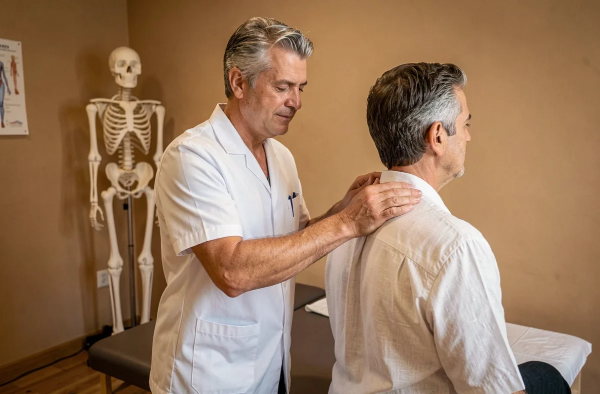 Patrice Martins, ostéopathe dans l'Aude, évaluant la colonne thoracique d'un patient en consultation