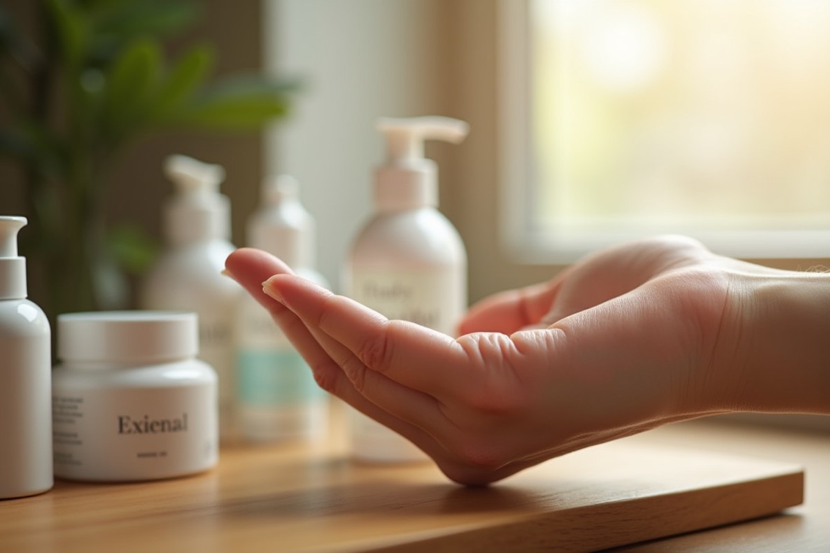 Zoom sur peau lisse et produits de soin sur une table en bois