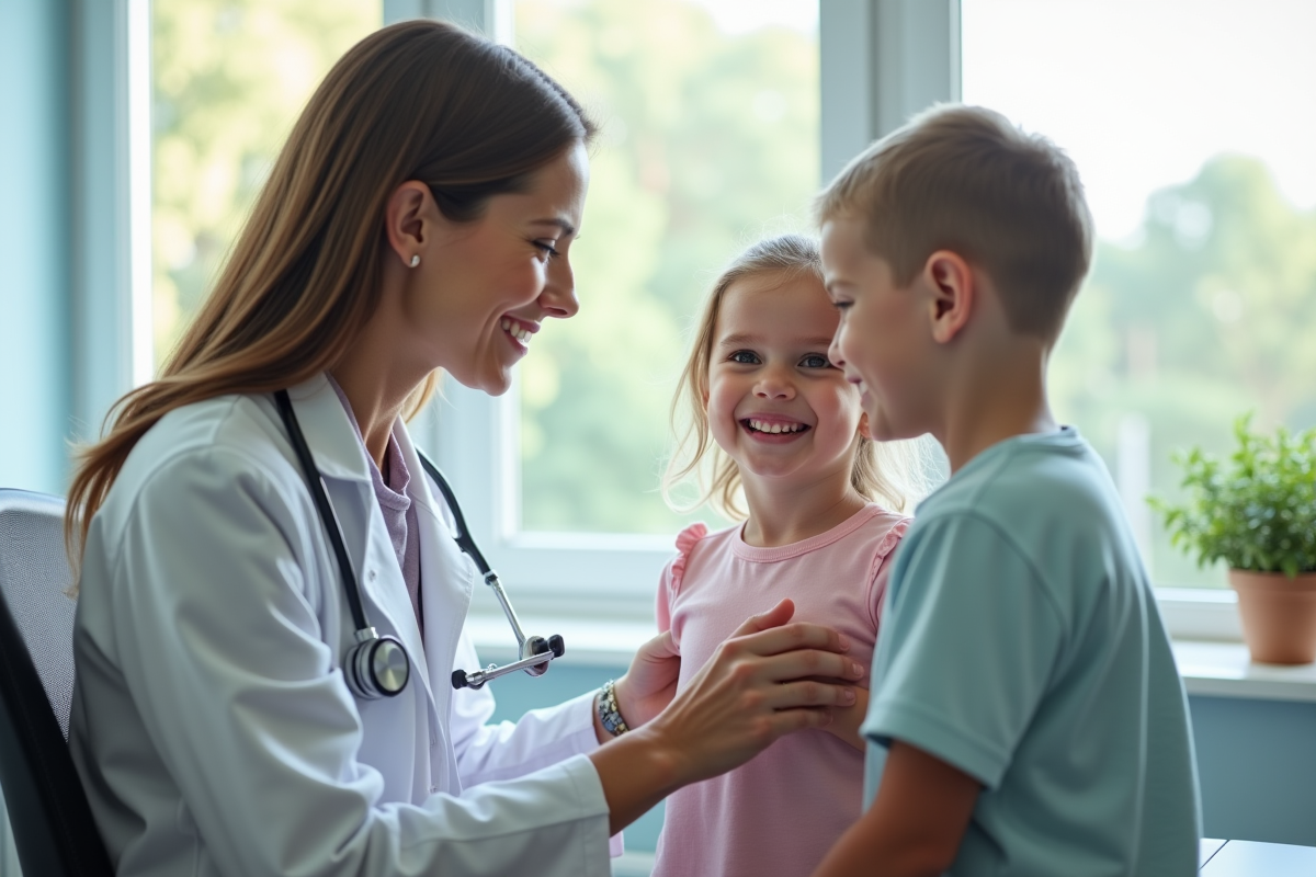 Pédiatre examinant un enfant souriant dans un cabinet lumineux