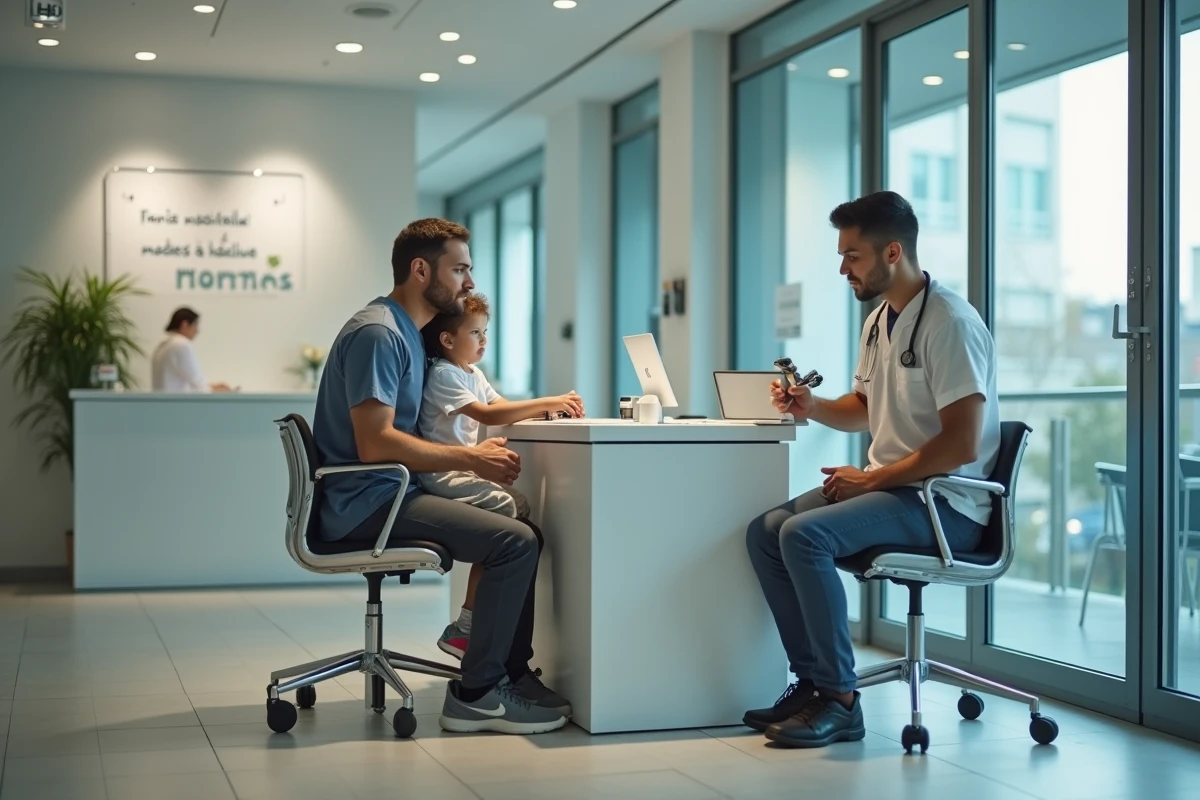 P&egrave;re parlant avec une infirmi&egrave;re &agrave; la r&eacute;ception