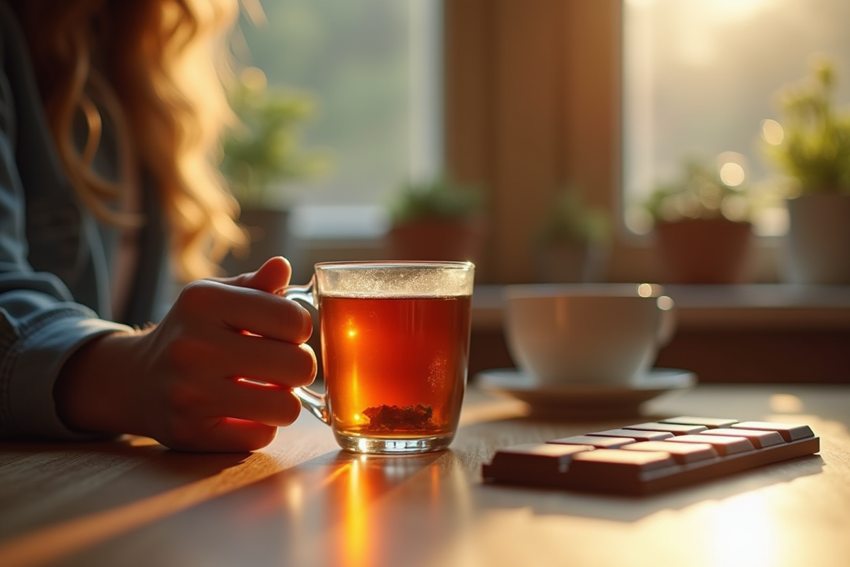 Personne pensant avec une tasse de tisane et chocolat