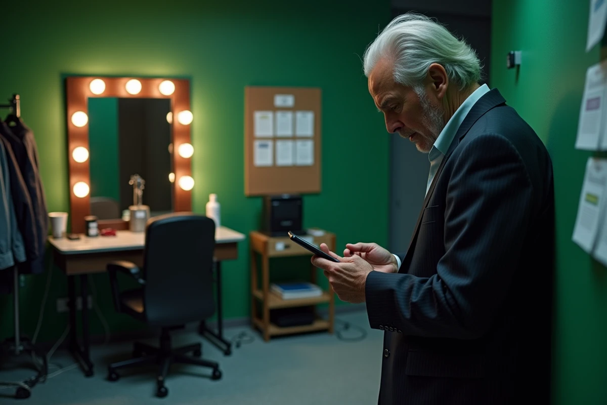 Homme en costume dans une loge de studio de télévision consultant son téléphone, symbolisant la tension entre personnalité médiatique et affaires personnelles