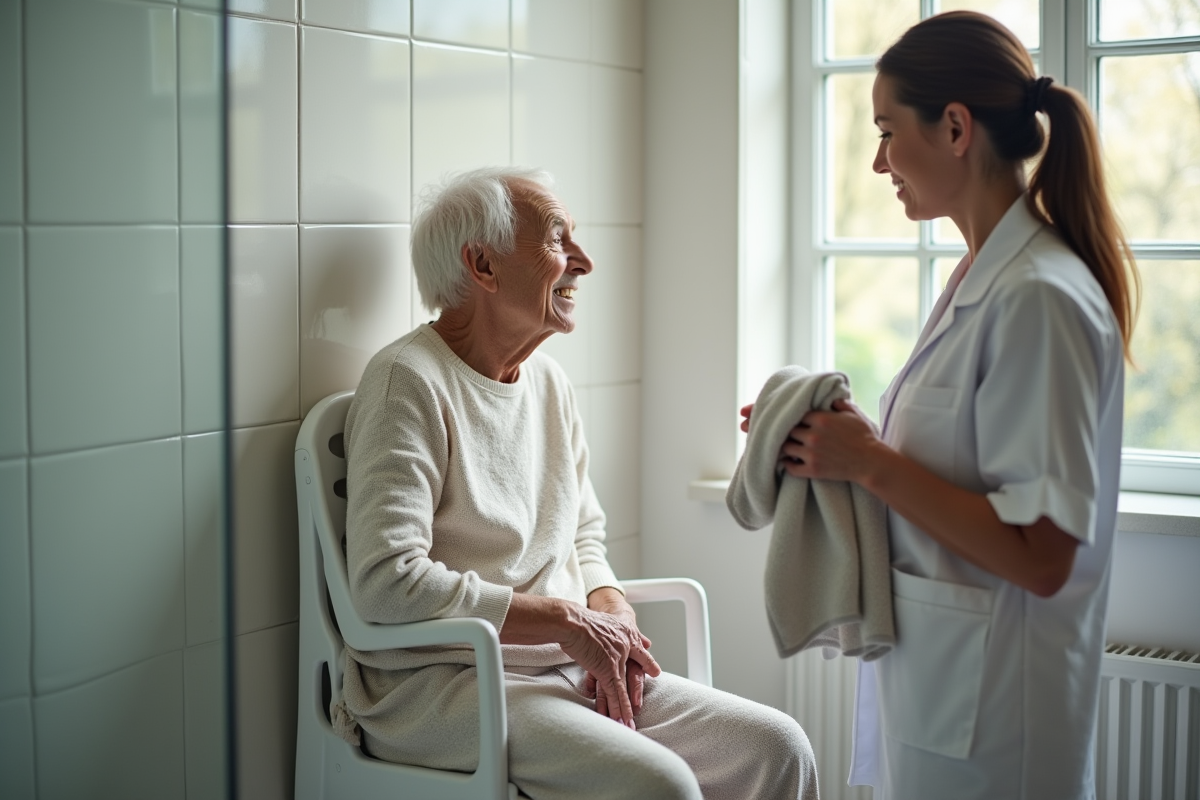 Personne agee assise sur un siège de douche dans une salle de bain lumineuse