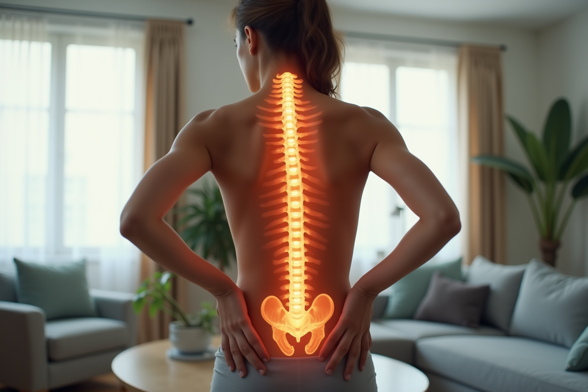 Personne de dos touchant le bas du dos dans un salon lumineux