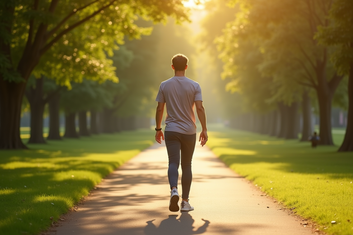 Personne active marchant dans un parc ensoleille