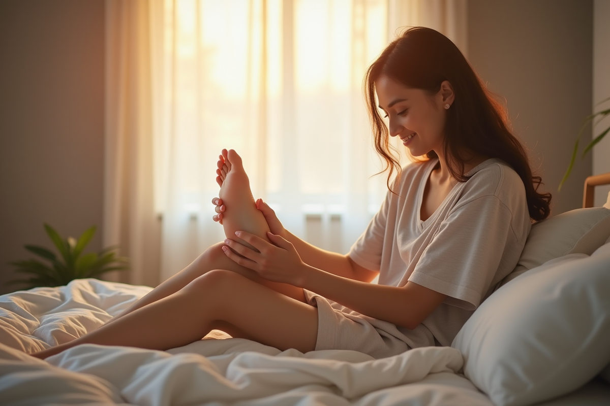 Personne se relaxant en massant son pied au matin