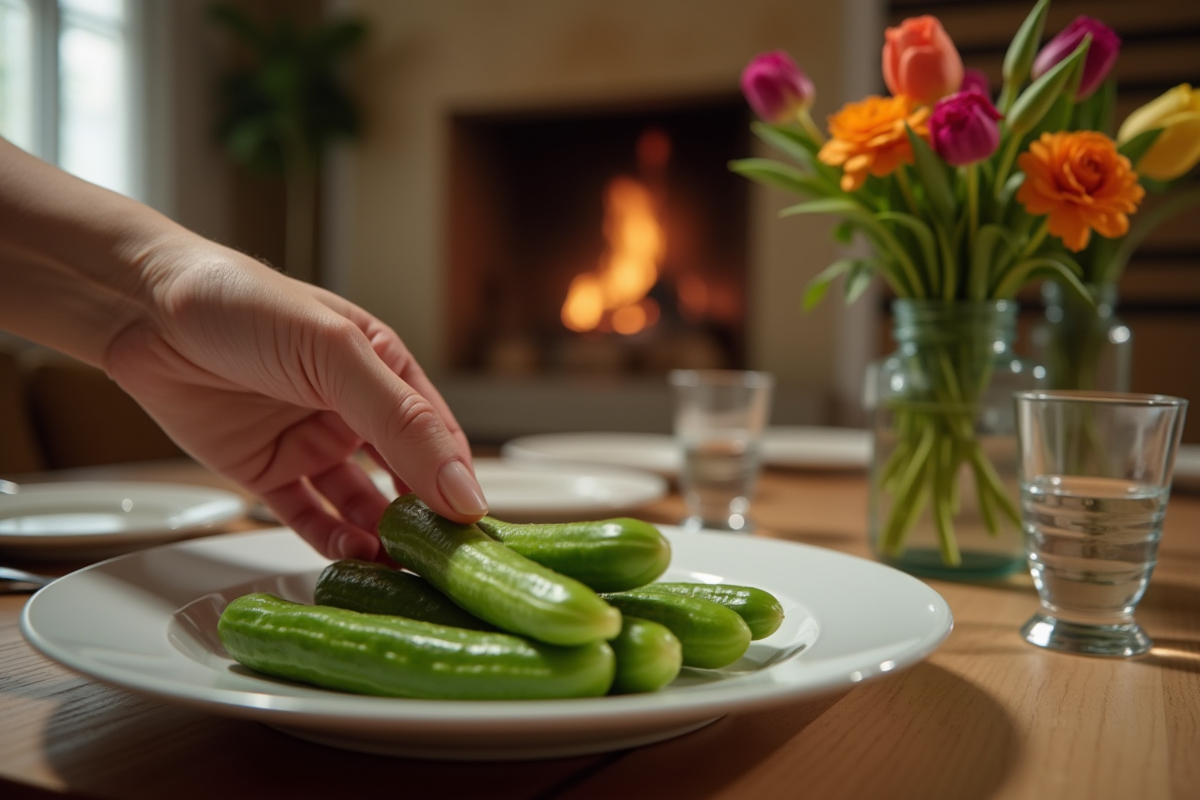 Personne repoussant une assiette de concombre dans un salon accueillant