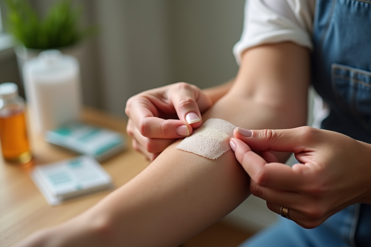 Personne posant un bandage sur une cicatrice à la maison