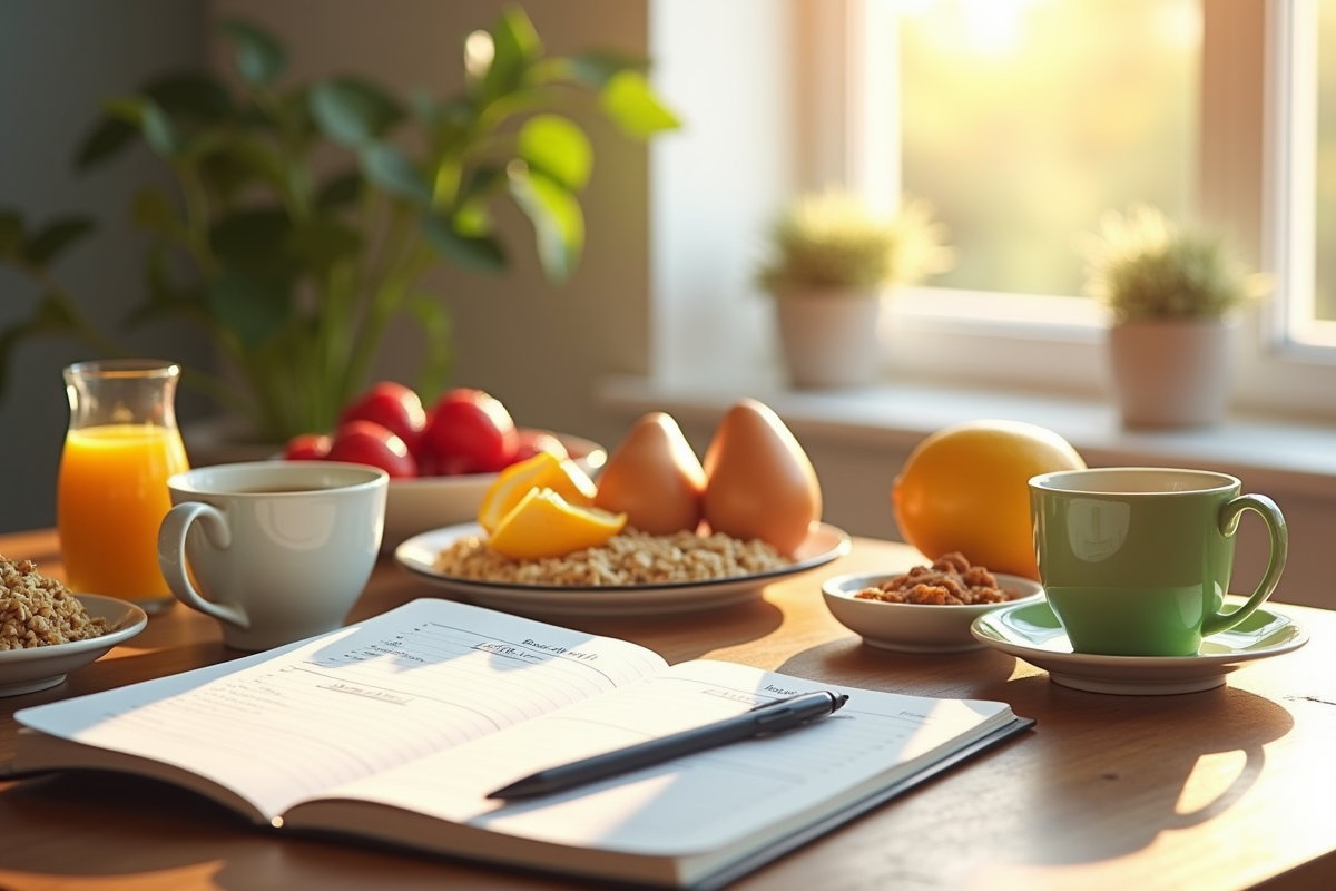 Petit déjeuner sain avec flocons fruits et thé vert