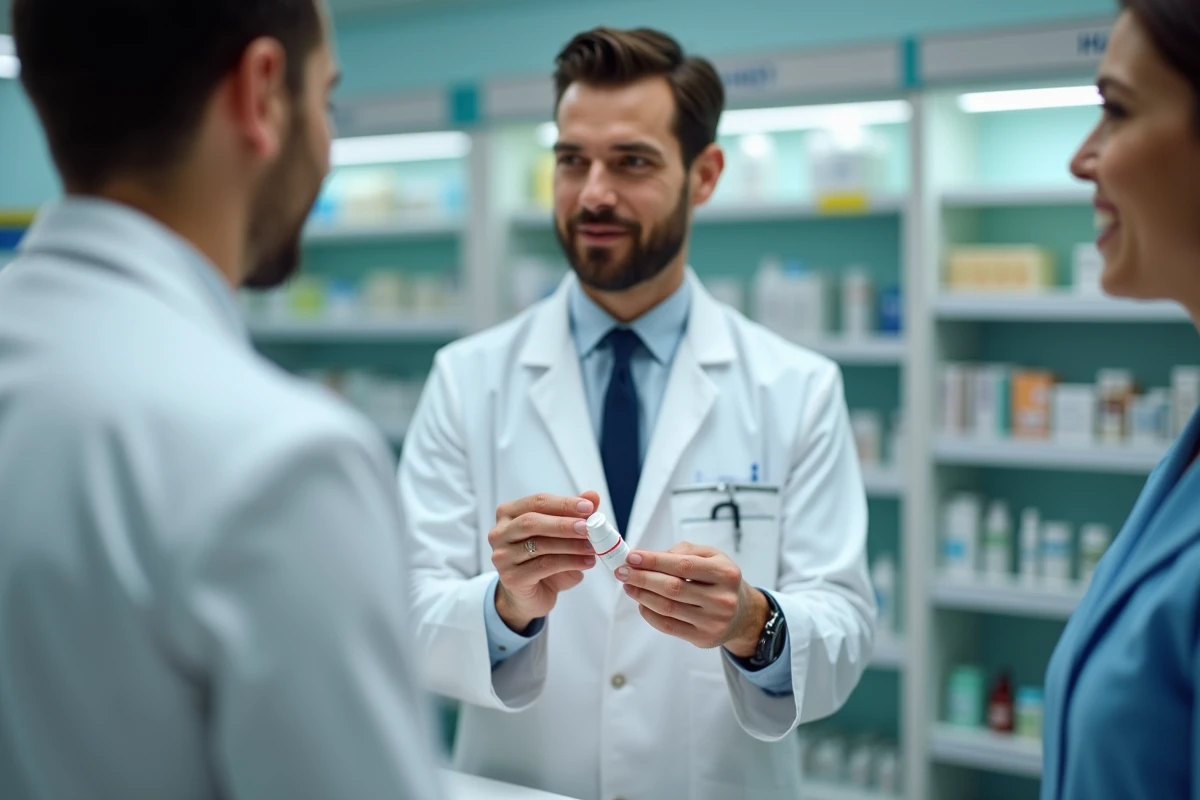 Pharmacien montrant une cicatrice de brûlure sur son doigt en expliquant un traitement à un client
