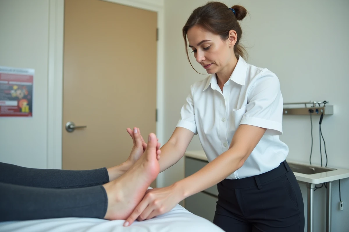 Physiothérapeute examinant le talon d'un patient en cabinet médical pour diagnostiquer un éperon calcanéen lié à la pratique sportive