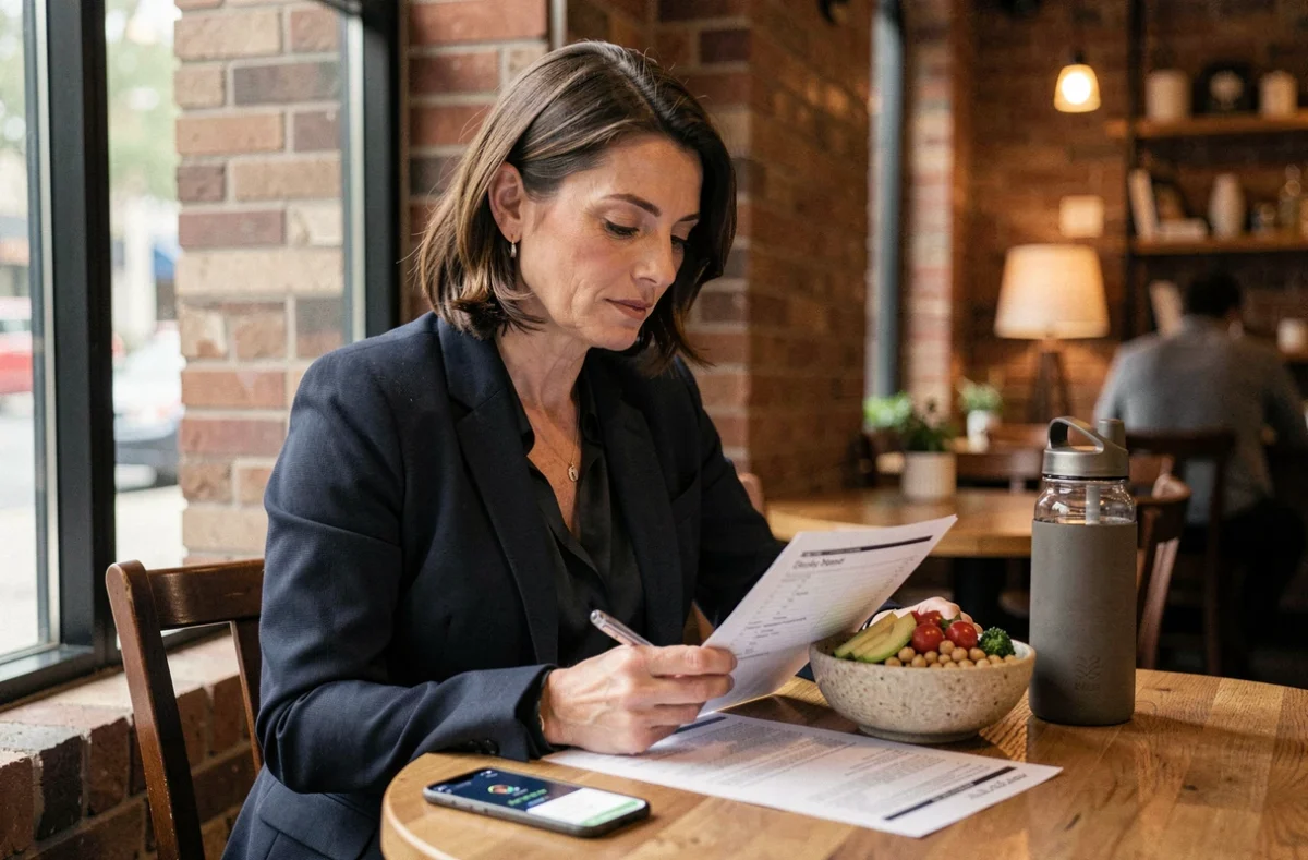Femme consultant son plan de repas structuré dans un café pendant une pause professionnelle avec un bol repas sain