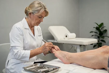 Podologue examinant un ongle épais du pied d'un patient en cabinet de podologie
