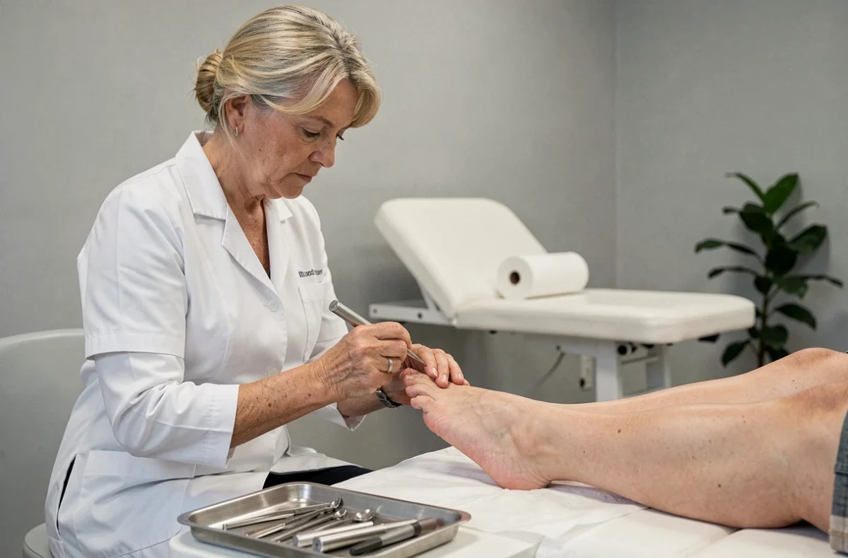Podologue examinant un ongle épais du pied d'un patient en cabinet de podologie