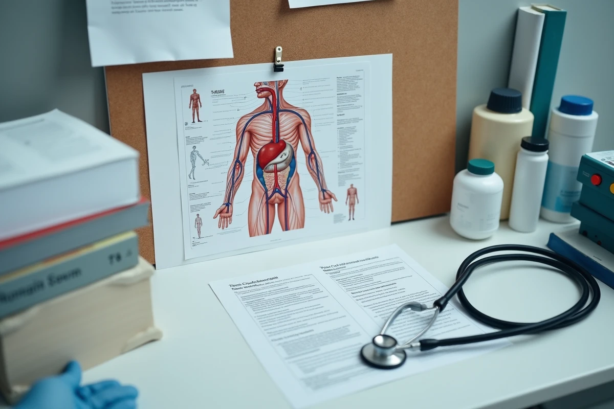 Vue aérienne d'un poste de triage hospitalier avec un schéma anatomique du système circulatoire humain et des protocoles médicaux