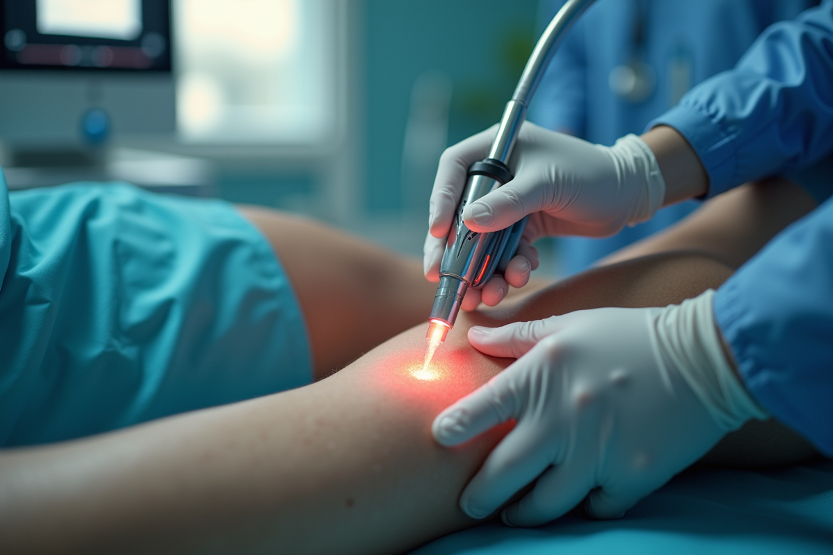 Docteur en gants manipulant un laser sur la jambe du patient