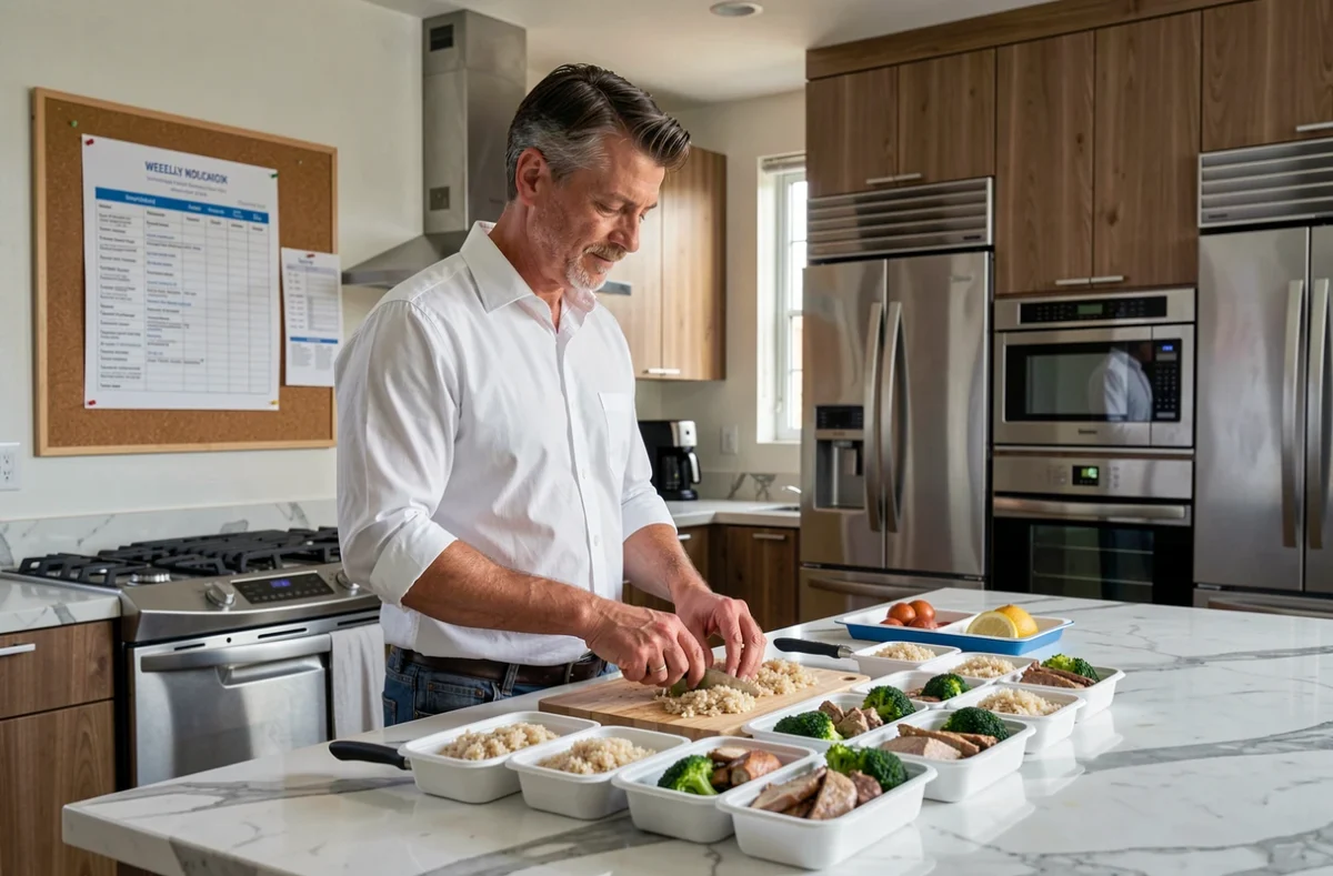 Homme préparant des repas équilibrés en batch cooking le matin avant sa journée de travail selon un plan nutritionnel structuré