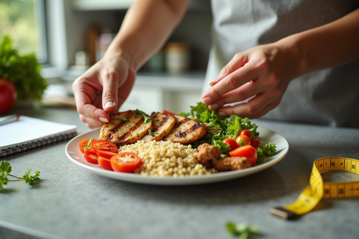 Préparation d un repas équilibré avec poulet quinoa et légumes